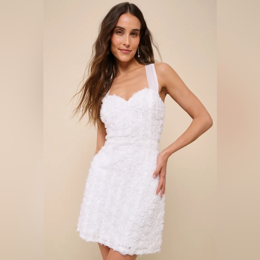 Lulus Delicate Wonder White 3D Floral Tie-Back Sleeveless Mini Dress